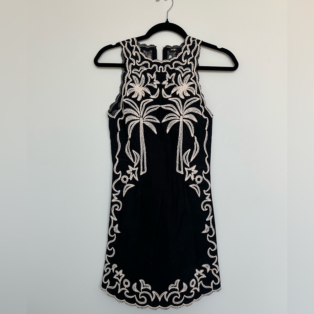maje palm tree embroidered linen dress black xs